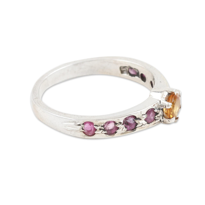 Citrine and ruby solitaire ring, 'Shimmering Union in Yellow' - Indian Citrine and Ruby Solitaire Ring