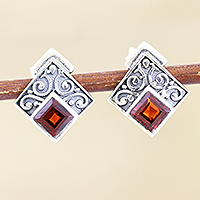 Garnet button earrings, 'Indian Kite' - Hand Made Garnet and Sterling Silver Button Earrings