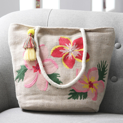 Bolsa de yute bordada, 'Floral Story' - Bolsa de yute con temática floral bordada