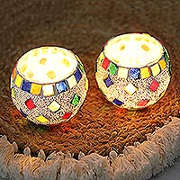Glass mosaic tealight candleholders, 'Dancing Diamonds' (pair) - Glass Mosaic Tealight Candleholders (Pair)