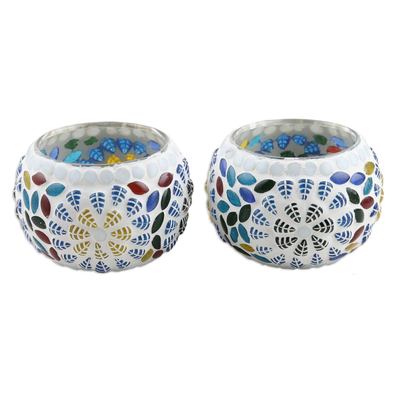 Glass mosaic tealight candleholders, 'Moonlight Leaves' (pair) - Glass Flower Mosaic Tealight Candle Holders (Pair)