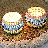 Glass mosaic tealight candleholders, 'Festive Drops' (pair) - Colorful Glass Mosaic Tealight Candle Holders (Pair)