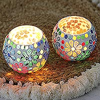 Glass mosaic tealight candleholders, 'Floating Flowers' (pair) - Colorful Glass Flower Tealight Candleholders (Pair)
