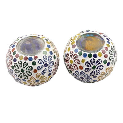 Glass mosaic tealight candleholders, 'Floating Flowers' (pair) - Colorful Glass Flower Tealight Candleholders (Pair)