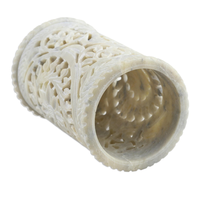 Portalápices de esteatita, 'Jali Mandala' - Portalápices florales de esteatita hecho a mano
