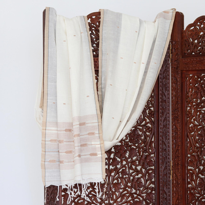 Hand-woven cotton and silk shawl, 'Honey-Colored Fantasy' - Handmade Cotton Muslin and Silk Shawl from India