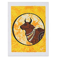 'The Bull' - Signed Acrylic Cow Painting from India