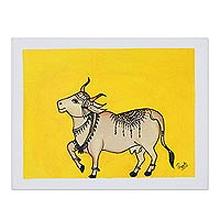 „Kamadhenu“ – Indisches Acryl-Kuhgemälde auf Leinwand