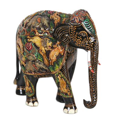 Hand-painted wood sculpture, 'Forest Beauty' - Hand-Painted Neem Wood Elephant Sculpture