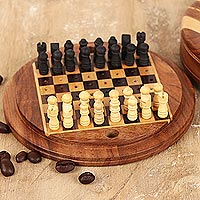 Ebony wood mini chess set, 'Meeting of the Minds'