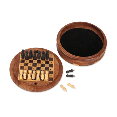 Ebony wood mini chess set, 'Meeting of the Minds' - Acacia and Ebony Wood Mini Chess Set