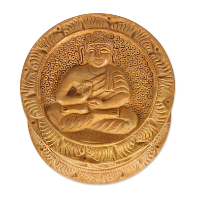 Decorative wood box, 'Buddha Charm' - Hand Carved Kadam Wood Decorative Buddha Box