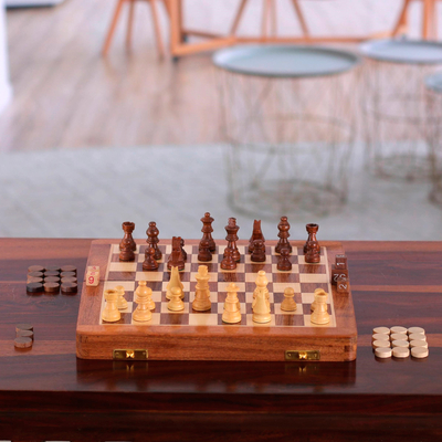 Wood board game set, 'Challenge for Two' - Acacia Wood Chess Set and Backgammon Board Game