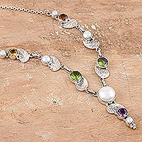 Multi-gemstone pendant necklace, 'Moonlight on the Water' - Peridot and Cultured Pearl Pendant Necklace