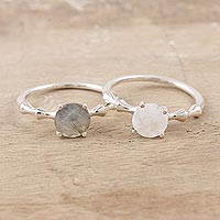 Labradorite and Moonstone Solitaire Rings (Pair),'Celestial Bodies'