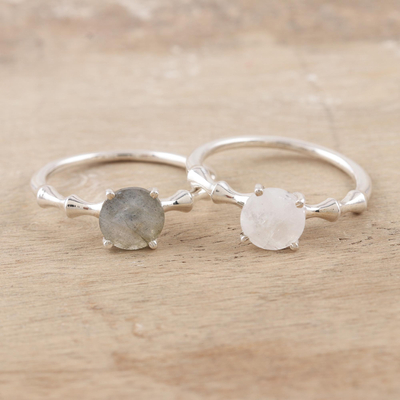 Gemstone solitaire rings, 'Celestial Bodies' (pair) - Labradorite and Moonstone Solitaire Rings (Pair)