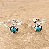 Sterling silver toe rings, 'Gemstone Spiral in Turquoise' (pair) - Indian Sterling Silver Toe Rings (Pair)