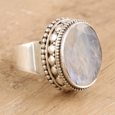 Rainbow moonstone cocktail ring, 'Misty Enclave' - Sterling Silver and Rainbow Moonstone Cocktail Ring