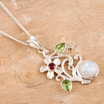 Multi-gemstone pendant necklace, 'Garden Moon' - Peridot and Garnet Floral-Motif Pendant Necklace
