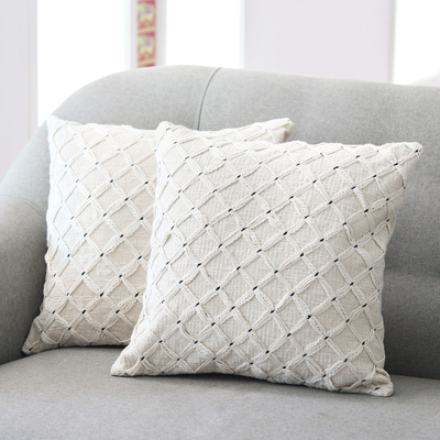 Cotton cushion covers, 'Ivory Dreams' (pair) - Artisan Crafted Ivory Cotton Cushion Covers (Pair)