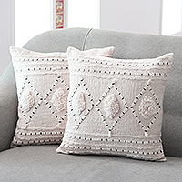 Embroidered cotton cushion covers, 'Ivory Diamonds' (pair) - Embroidered Cotton Cushion Covers from India (Pair)