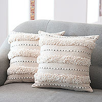 Embroidered cotton cushion covers, 'Ivory Tufts' (pair) - Embroidered Ivory Cotton Cushion Covers (Pair)