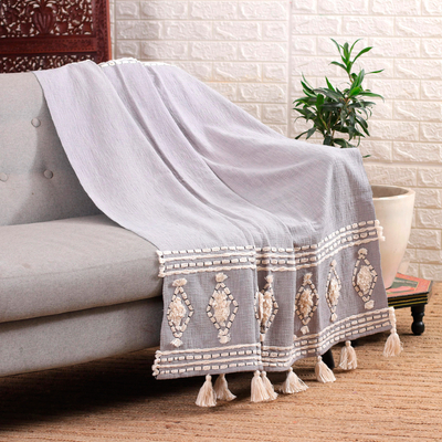 Grey and Ivory Embroidered Cotton Throw with Tufted Accents Diamond Glory