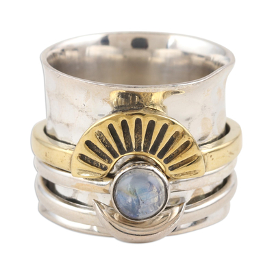 Rainbow moonstone meditation spinner ring, 'Rising Glory' - Rainbow Moonstone and Sterling Silver Meditation Ring