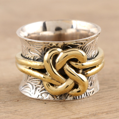 Sterling silver and brass band ring, 'Golden Knot' - Sterling Silver and Brass Knotted Band Ring