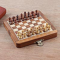 Mini wood chess set, 'Travel Delight' - Hand Carved Acacia Wood Mini Chess Set