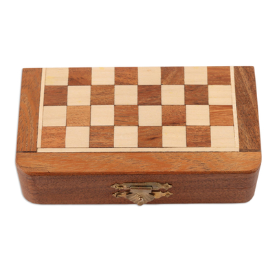 Mini wood chess set, 'Travel Delight' - Hand Carved Acacia Wood Mini Chess Set