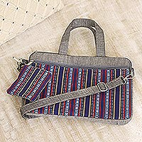 Cotton laptop bag, 'Stark Stripes in Grey' - Striped Cotton Laptop Bag from India