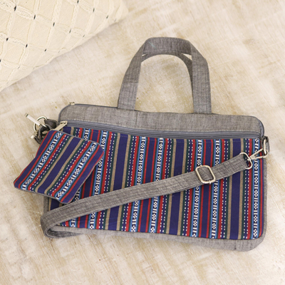 Striped Cotton Laptop Bag from India - Stark Stripes in Grey