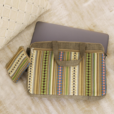 Cotton laptop bag, 'Stark Stripes in Sepia' - Green Cotton Laptop Bag from India