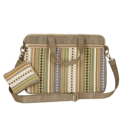 Cotton laptop bag, 'Stark Stripes in Sepia' - Green Cotton Laptop Bag from India