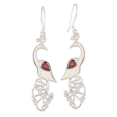Garnet dangle earrings, 'Indian Peacock in Red' - Garnet and Sterling Silver Peacock Dangle Earrings