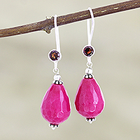 Agate and garnet dangle earrings, 'Hard Candy' - Hand Crafted Agate and Garnet Dangle Earrings
