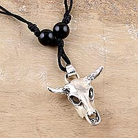 Onyx pendant necklace, 'Wild Cow' - Onyx and Sterling Silver Pendant Necklace
