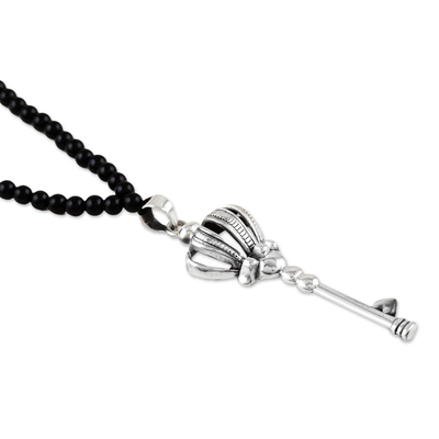 Onyx pendant necklace, 'Magic Key' - Sterling Silver and Onyx Key-Motif Pendant Necklace