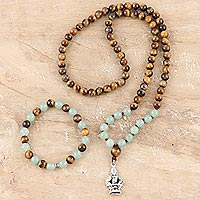 Tiger's eye and quartz jewelry set, 'Still Earth' - Tiger's Eye Beaded Bracelet and Necklace Jewelry Set