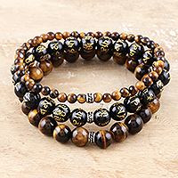 Gemstone beaded stretch bracelets, 'Healing Trio' (set of 3) - Tiger's Eye and Onyx Beaded Stretch Bracelet (Set of 3)