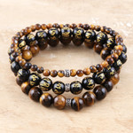 Gemstone beaded stretch bracelets, 'Healing Trio' (set of 3) - Tiger's Eye and Onyx Beaded Stretch Bracelet (Set of 3)