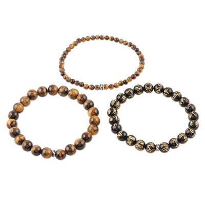 Gemstone beaded stretch bracelets, 'Healing Trio' (set of 3) - Tiger's Eye and Onyx Beaded Stretch Bracelet (Set of 3)