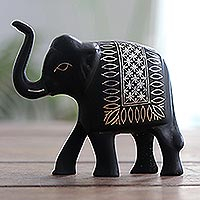 Silver inlay bidri figurine, 'Traditional Elephant' - Hand Made Silver Inlay Bidri Elephant Figurine