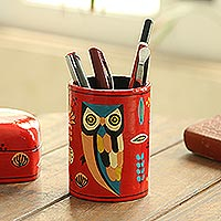 Papier mache pen holder, Owl Story in Red