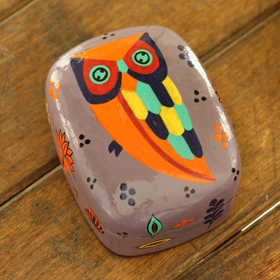 Decorative papier mache box, 'Owl Story in Dusty Lavender' - Hand Painted Owl-Themed Decorative Box