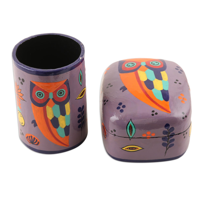 Decorative papier mache box, 'Owl Story in Dusty Lavender' - Hand Painted Owl-Themed Decorative Box