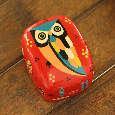 Decorative papier mache box, 'Owl Story in Red' - Hand Crafted Owl-Themed Decorative Box
