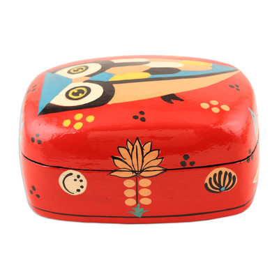 Decorative papier mache box, 'Owl Story in Red' - Hand Crafted Owl-Themed Decorative Box