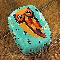 Decorative papier mache box, 'Owl Story in Teal' - Decorative Papier Mache Owl-Motif Box